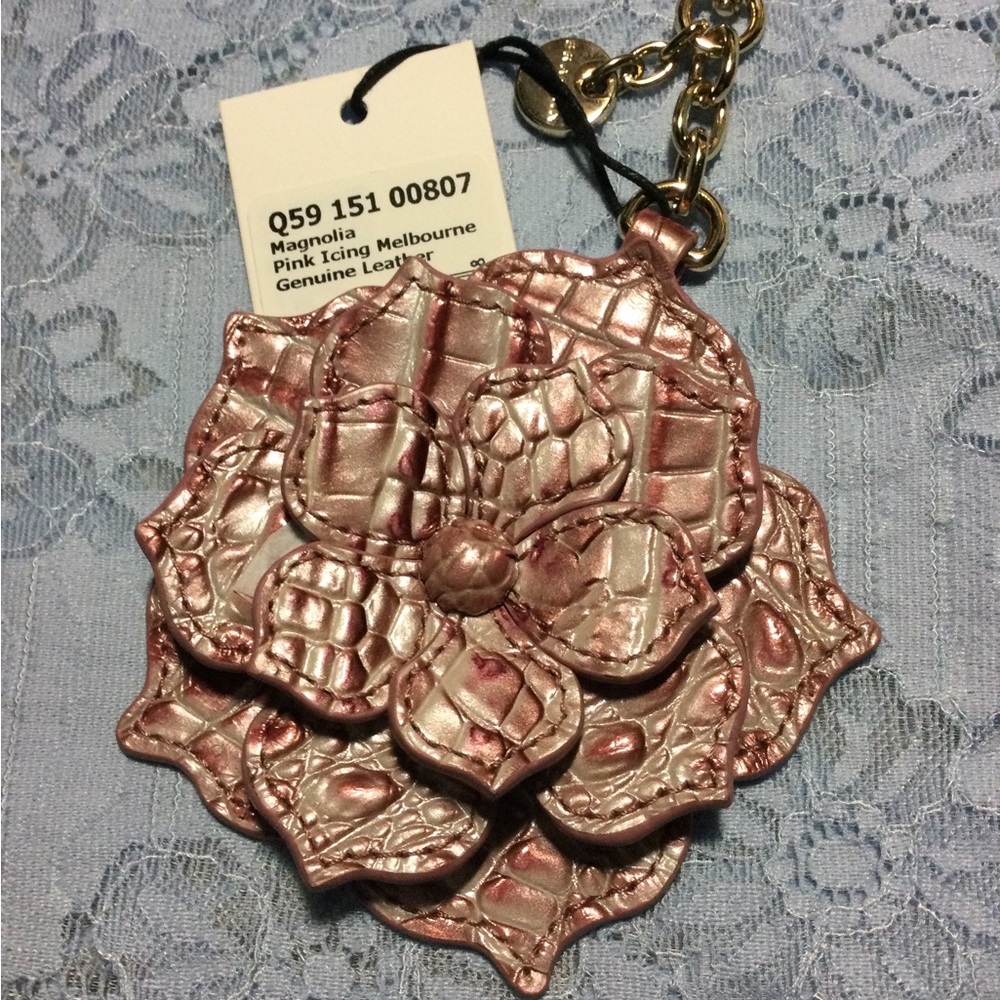 NWT Brahmin Pink Icing Magnolia Leather Flower Keychain Key Fob Tassel Charm